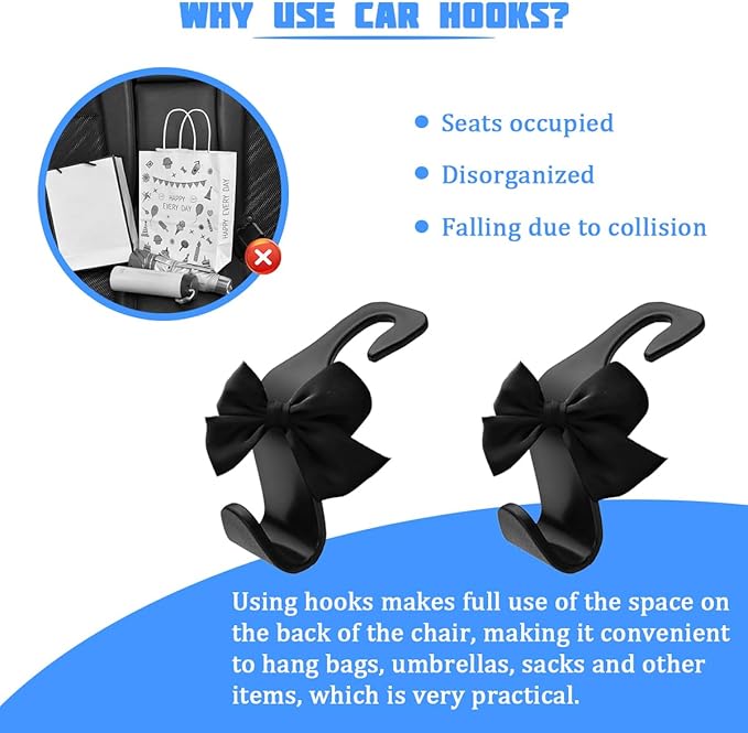 2PCS Car Seat Headrest Hooks, Cute Bow Vehicle Backseat Storage Hanger for Handbag Umbrella Coat, Automotive Seat Back Hook Holder Organizer Decor, Universal for Vehicles (Black)