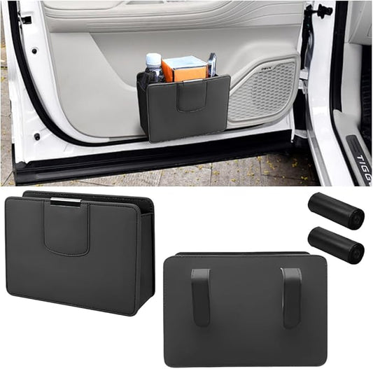 Car Trash Can, Leather Auto Garbage Bin, Magnetic Litter Storage Container, Mini Portable Foldable Vehicle Interior Hanging Dustbin Accessories, Universal for SUV, Truck, RV（Black）