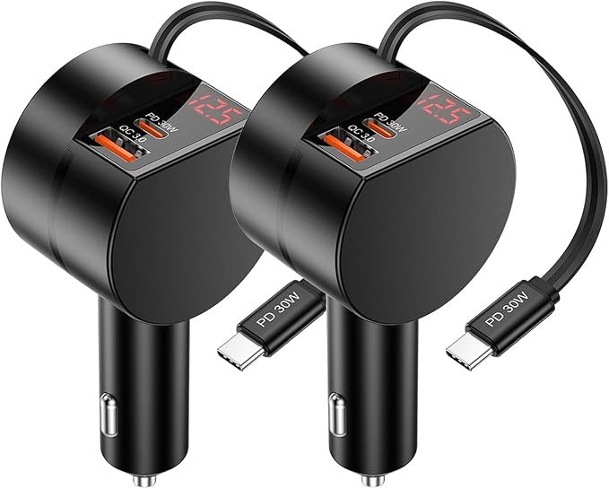 Retractable Car Charger USB C, 2-Pack 3-Port Retractable Fast USB C Car Phone Charger, 65W 3 in 1 Type C Cigarette Lighter Adapter with Retractable Cord for iPhone 17 16 15 Pro Max,Galaxy,iPad,Pixel