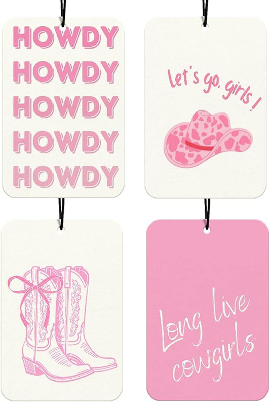 Pink Bows Western Car Air Freshener 4Pcs, Let's Go Girls Cowgirls Western Car Accessories Hanging, Trendy Pink Cars Scents Mirror Decor Retro Cowgirls Boots Cute Air Freshies for Women Teens(Vanilla)