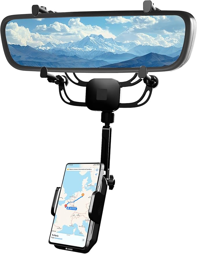 Rear View Mirror Phone Holder – Solid Metal Arm Car Phone Mount, Universal Fit for iPhone & Android, Foldable 360° Rotation Clip, Sleek Hands-Free Design Stable Mount for Navigation & Calls