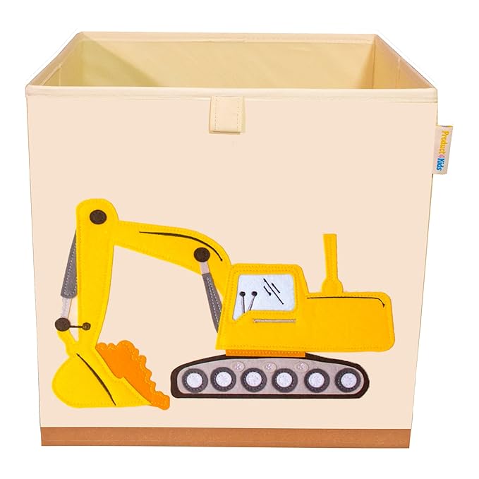 Washable Toy Organizers and Storage, Canvas Toy Chest Organizer Foldable Kids Toy Storage Organizers for Child's Bedroom or Playroom -13x13x13 Inch (Excavator)