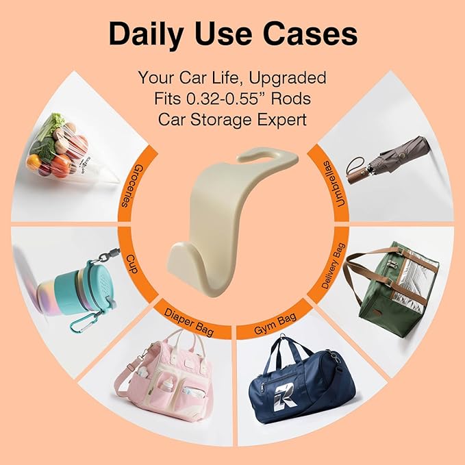 Car Seat Hooks & Purse Holder - 4 Pack Boxed,55 lb Heavy Duty,Eco PP Car Hooks for Purse/Bag/Baby Gear/Gym Bag/Groceries/Cup/,Fits 0.32-0.55”Car Headrest Rods (Beige)