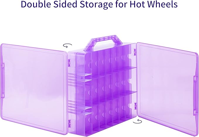 KISLANE Double Sided Toy Car Storage Case for 48 Toy Cars, Matchbox Cars, Mini Toys, Small Dolls, Portable Transparent Storage Case for Toy Cars, Matchbox Cars with 48 Compartments, Case Only