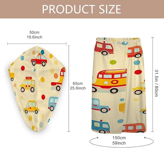 Women Bath Wrap Hair Towel Drying Cap Set Colored Cars Bus Polka Dot Soft Absorbent Bathrobe Shower Wraps with Adjustable Closure Spa Bath Robe