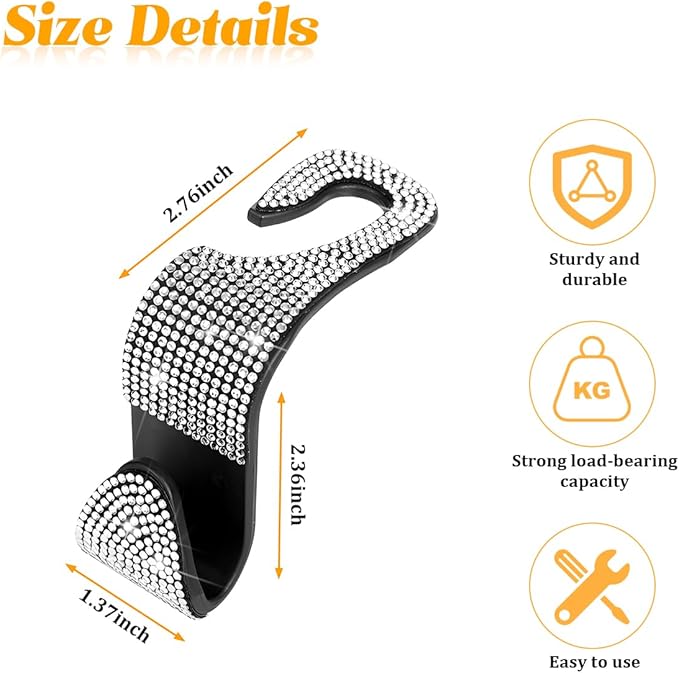 4PCS Bling Car Seat Headrest Hooks, Crystal Rhinestone Vehicle Purse Handbag Coat Hangers Holder, Automotive Interior Storage Organizer Accessories for Women Girls, Universal Fit (White)