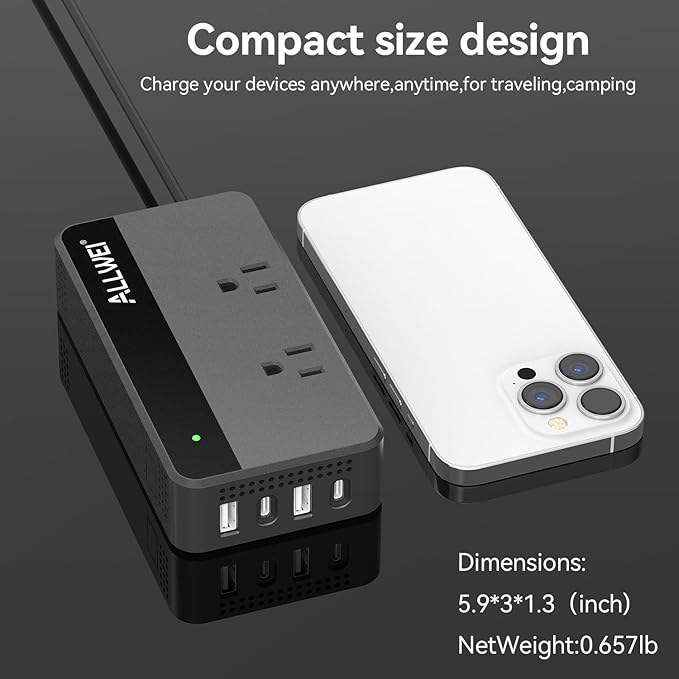 ALLWEI 200W Car Power Inverter, 12V DC to 110V AC Car Inverte with 4 USB Fast Charging Port(2xUSB A, 2xUSB C)- Car Charger Cigarette Lighter Adapter for Phone, Laptop and Small Devices on Road Trip