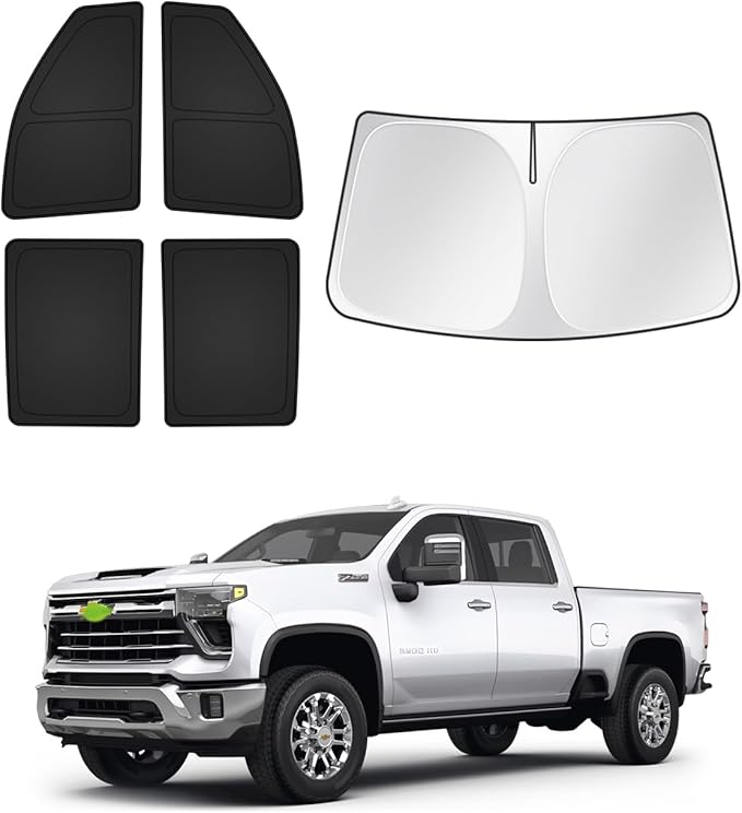 Canvcle Sunshades for Chevrolet/Chevy Silverado 2500 3500 Crew Cab 2020-2026 Accessories Windshield Sun Shade Side Rear Window Shade Cover Sun Visor Shield Privacy Protection Keep Car Cool Black 5PCS