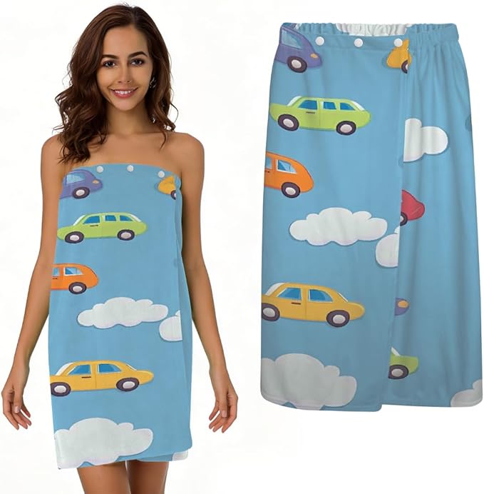 Women's Bath Wrap Cute Adorable Cars Absorbent Shower Spa Body Bath Robe Wraps Bathrobe Towel with Adjustable Closure