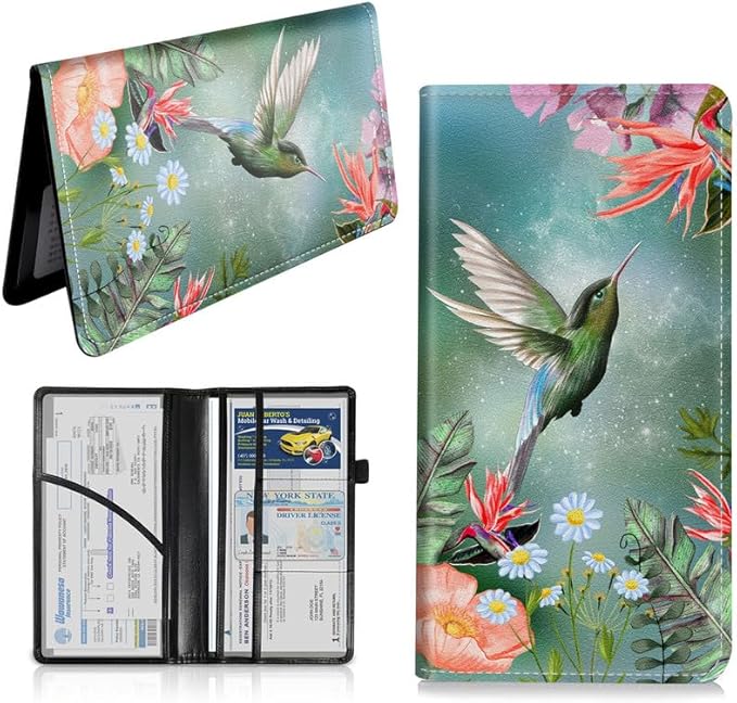 Car Registration and Insurance Card Holder, Vehicle License Documents Glove Box Compartment Organizer Wallet, ID Card Holder for Car Essentials Automobile, Hummingbird Pink Flowers