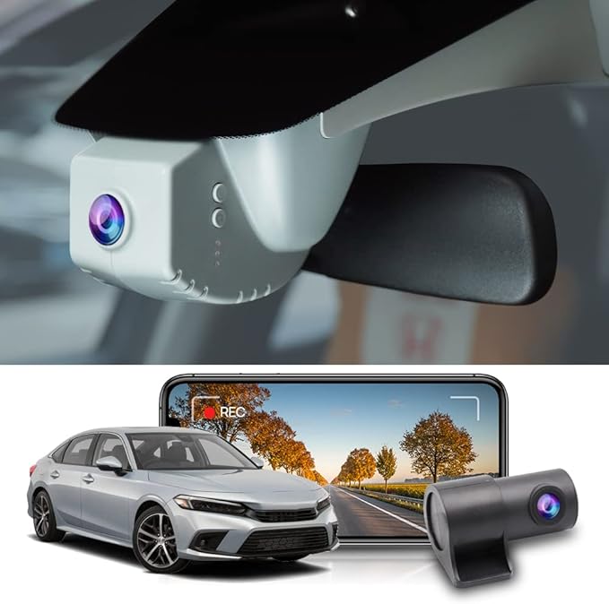 Fitcamx Front 4K+Rear 1080P Dash Cam Adapts for Honda Civic 2022-2026 (Grey Cover) & Type R Si, OEM Factory Look, 2 Way HD Video, WiFi & APP, Loop Recording, G-Sensor, Easy to Use, 128GB Card