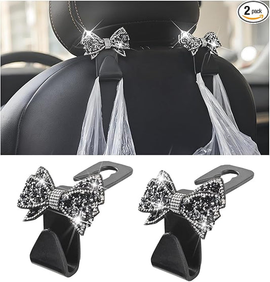 Zpana Bling Car Headreat Hook, 2PCS Crystal Rhinestone Cute Bow Vehicle Seat Back Hanger Storage for Purses Bags Grocery, Diamond Auto Rear Seat Organizer, Universal for SUV Truck Sedan (Black)