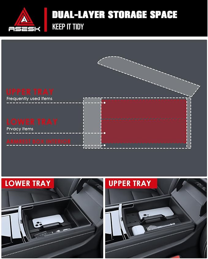 for 2024-2026 GMC Acadia&Chevy Traverse Armrest Storage Box Console Organizer ABS Materials - Easy to Install & Lift Handle Design 2PCS Double Layer Center Console Armrest Organizer