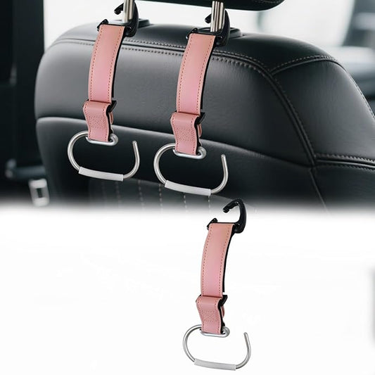 1Pcs Car Purse Hooks, Adjustable Leather Headrest Hooks for Car, Seat Back Organizer for Bags Purses (Pink)