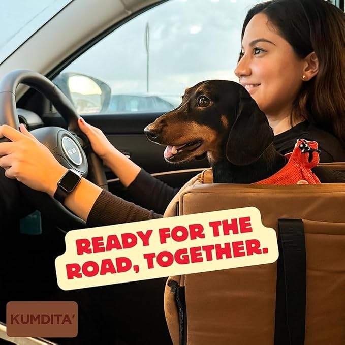 Kumdita Soft Console Dog Car Seat & Carrier for Extra Small Dogs (6–12 lbs). Cozy Center Console Pet Bed for Short Trips. Includes Safety Tether (Brown)