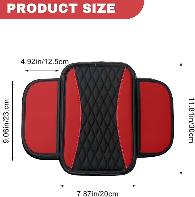 Leather Car Center Console Cover with Side Pockets, Upgraded Arm Rest Cover for Car Seat Organizer, Middle Console Cover Stylish Car Decoration, Universal for Most Vehicles (Red)