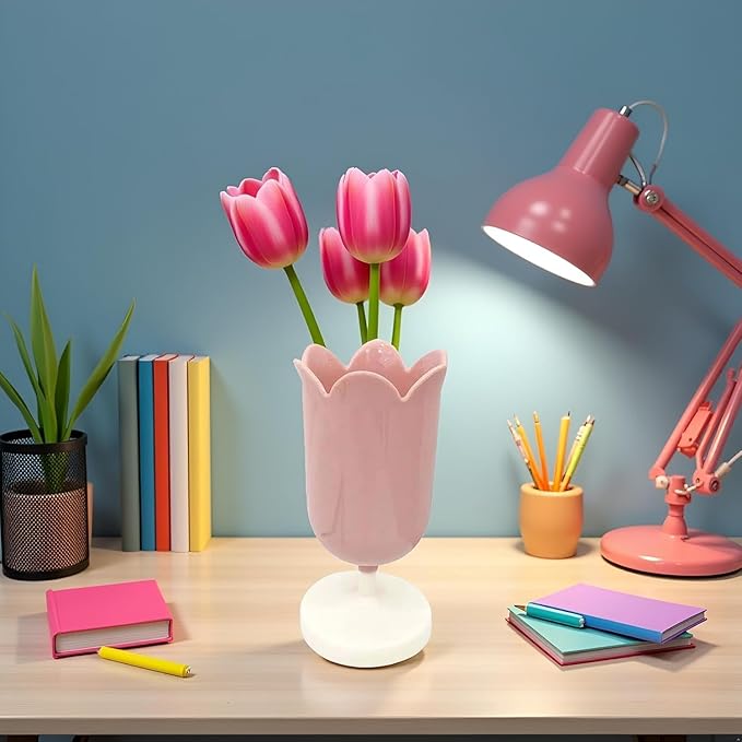 Pink Tulip Pen Holder for Desk, Plastic Stationery Organizer, Cute Desktop Decoration, Seat Back Organizers Consoles and Organizers Office School Supplies