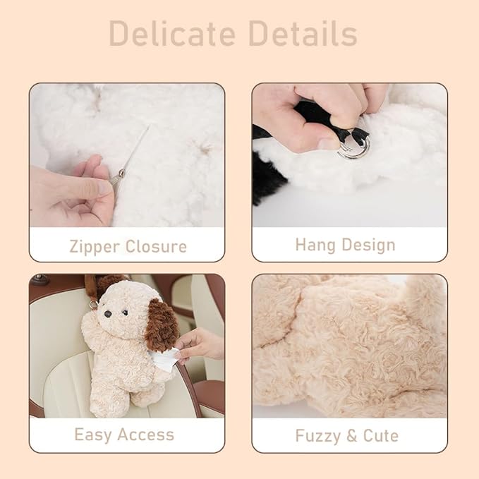 Tissue Box Cover Plush Tissue Box Holder for Car, Home, Decorative Holder/Organizer for Bathroom Vanity Countertop, Nightstands, Office Desk-Puppy