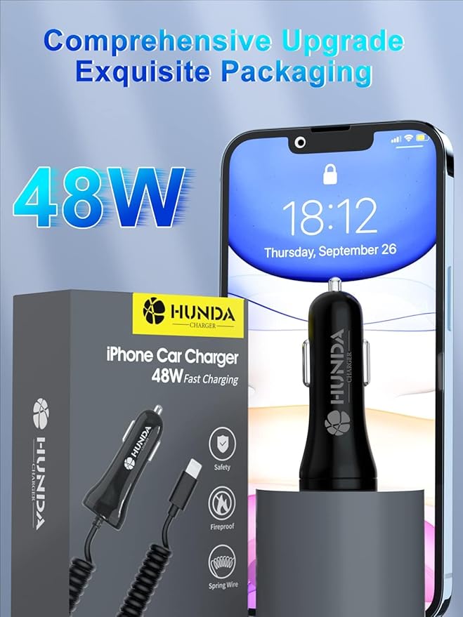 HUNDA Fast Car Charger 48W, Dual Port Super Fast Charging with PD3.0 & QC4.0, Car Accessories with Built-in 5ft Coiled Lightning Cable for iPhone 15-11 Series, iPad & More
