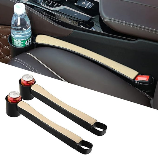 Tumecos Car Seat Gap Filler Pad PU Leather Console Side Pocket Organizer with One Cup Holder for Cellphone Wallet Coin Key 2 Pcs (Black+Beige Surface)