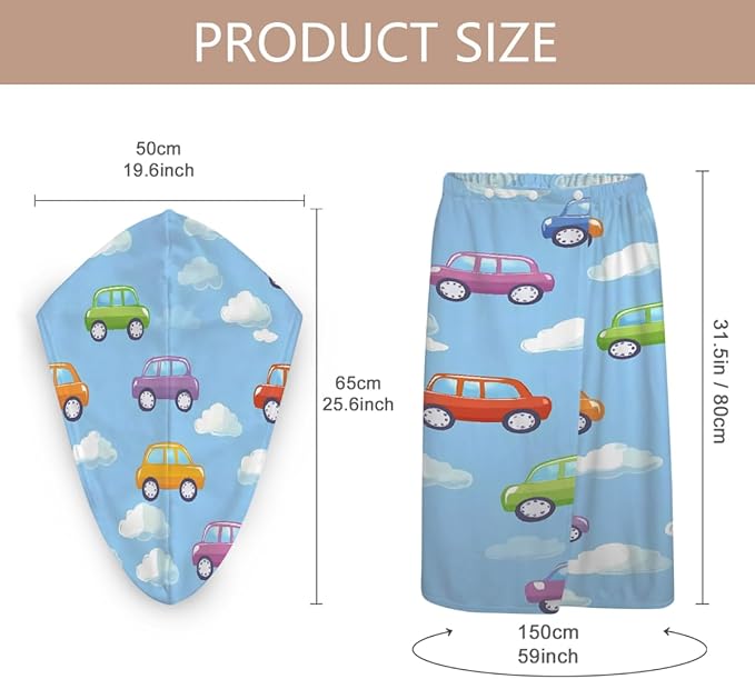 Women Bath Wrap Hair Towel Drying Cap Set Colored Cute Cars Clauds Soft Absorbent Bathrobe Shower Wraps with Adjustable Closure Spa Bath Robe