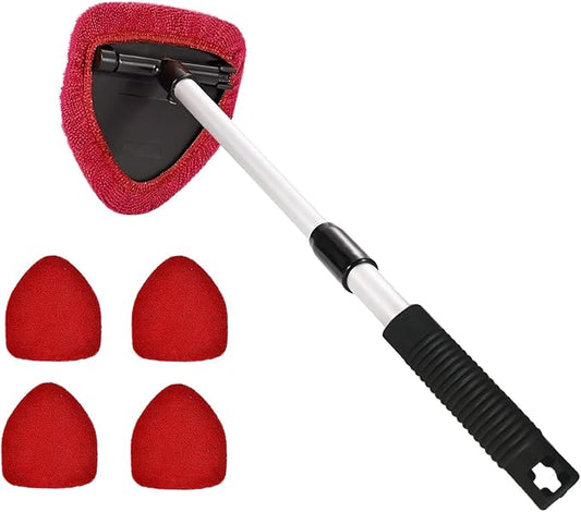 Windshield Cleaning Tool, Car Window Cleaner, Windshield Cleaner with 4 Washable Reusable Microfiber Pads and Extendable Handle, Auto Glass Wiper Cleaning Kit Universal for Car (Red)