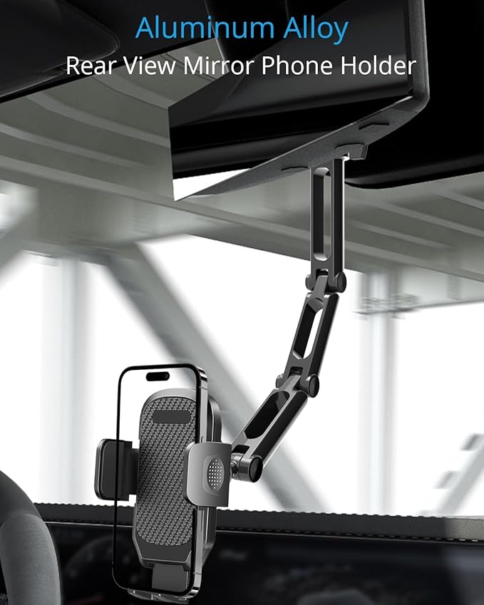 Quyee Phone Holder Car, Rear View Mirror Phone Holder - Aluminum Alloy Mount Multi-Angle Adjustment Rotatable and Retractable Compatible with All 4-7 Inch iPhone and Android Cell Phones (XL Black)