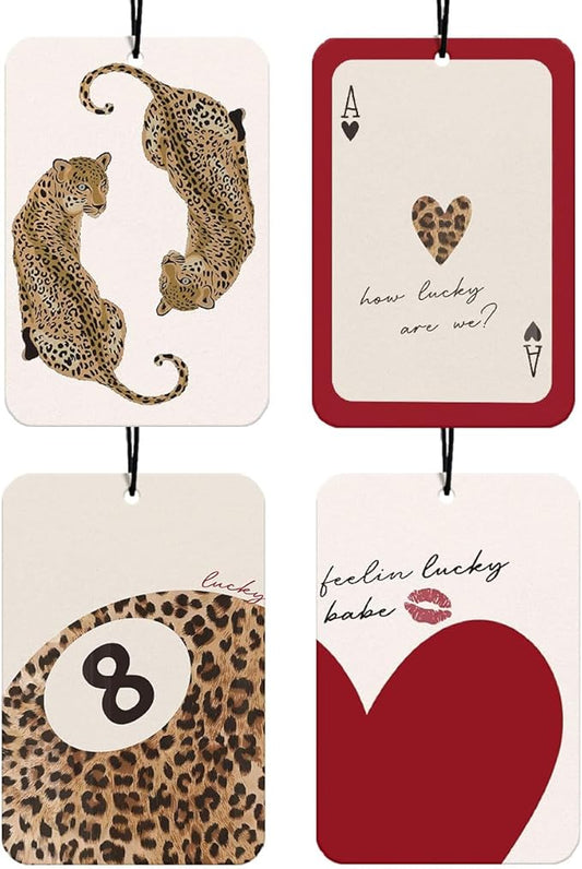 Red Retro Leopard Car Air Freshener 4Pcs, Lucky 8 Ball Cheetah Print Car Accessories Interior, Lucky Heart Cheetah Girly Mirror Decor Hanging Air Freshie for Women Cars Closet Drawer(Vanilla)