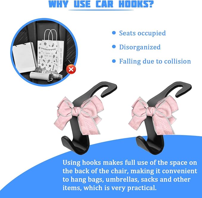 2PCS Car Seat Headrest Hooks, Cute Bow Vehicle Backseat Storage Hanger for Handbag Umbrella Coat, Automotive Seat Back Hook Holder Organizer Decor, Universal for Vehicles (Pink/Gray)
