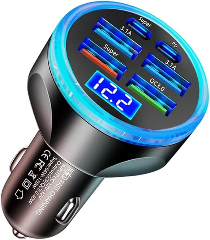 Full PD 30W Multi Port USB C Car Charger Adapter 6 in 1 with Voltage Display, PD4.0/QC4.0/PPS/AFC Super Fast Charging Cigarette Lighter Adapter with Volt Meter for MacBook iPhone Galaxy Android Phones