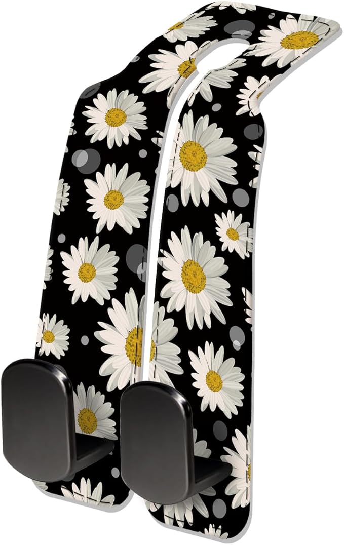 Car Seat Headrest Hook, Universal Leather Cute Hanger Holder Hook, Storage Organizer Interior Accessories for Purse Bags Handbag Cute Daisys