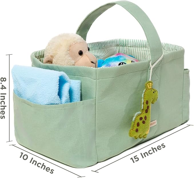 Folkulture Baby Diaper Caddy | Cotton Diaper Bag for Kids - Stylish Comfort Spacious Travel Essential Cart | Nursery Storage Bin and Car Organizer for Diapers, Wipes - (Sage Green - 15")