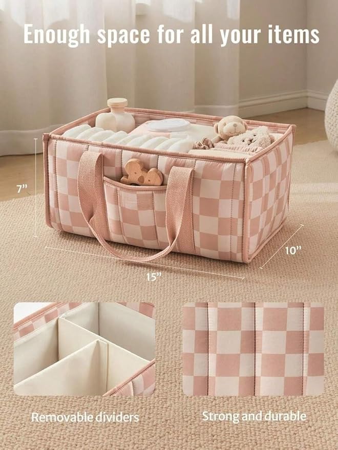 Diaper Caddy Organizer,Cute Floral Nursery Storage Basket,Soft Portable Changing Table Car Caddy Organizer Gift (Checkered B)