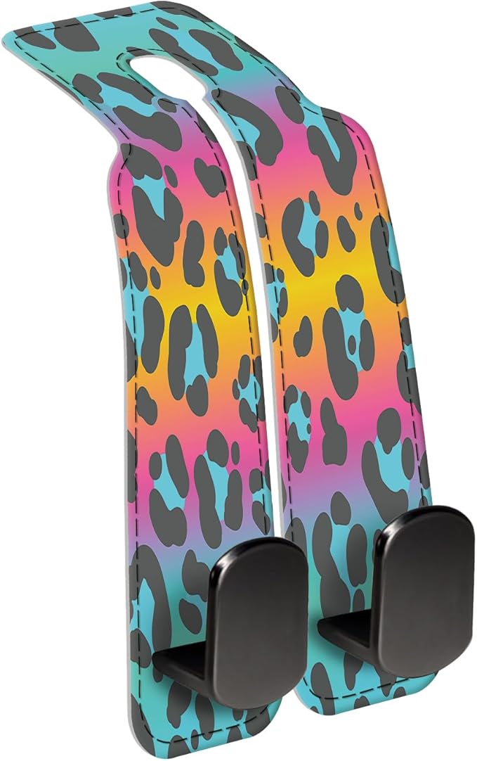 Car Seat Back Storage Headrest Hook, Premium Leather Double Metal Hook, Hanger Storage Organizer for Purse Cloth Bag, Car Interior Accessories Colorful Cute Leopard