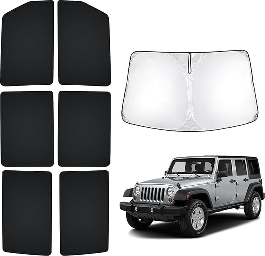 T TGBROS Windshield Sun Shade for Jeep Wrangler JK 2007-2018 Car Window Shades Thicken UV Block and Blackout Privacy Foldable Sunshades 7PCS Accessories Keep Cool Sun Visor Covers