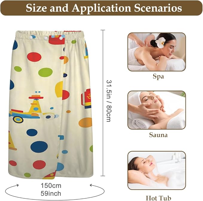 Women's Bath Wrap Cartoon Colorful Trucks Cars Absorbent Shower Spa Body Bath Robe Wraps Bathrobe Towel with Adjustable Closure