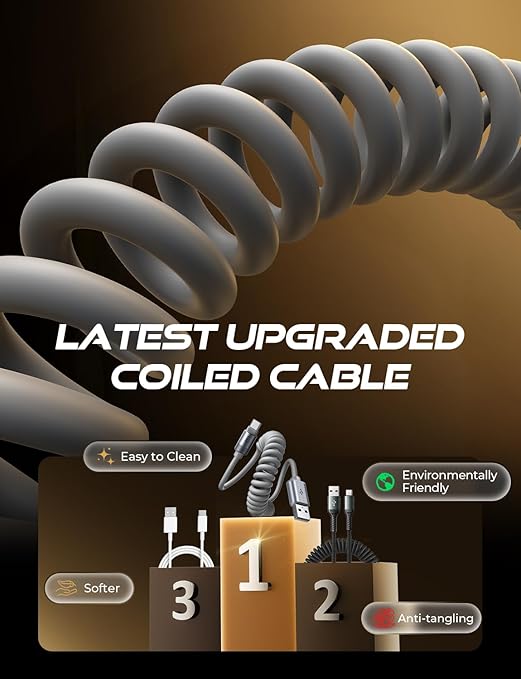 LISEN Coiled USB C Cable, 2 Pack for Android Auto & CarPlay Cable, Short USB A to USB C Cable Compatible with iPhone 17/16/15, Samsung Galaxy S25/S24/S23 A15/A14, Google Pixel 9/8, Space Gray 6FT