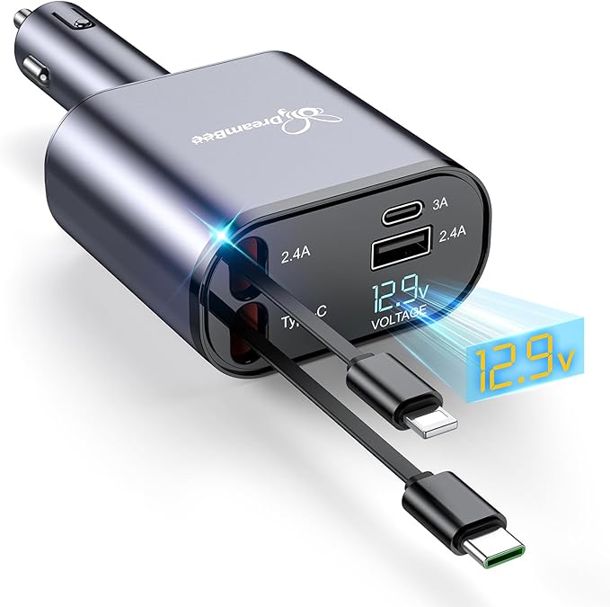 DreamBee Retractable Car Charger,66W 4 in 1 Super Fast Charge Car Phone Charger,Gifts for Men Women Car Truck Accessories for iPhone 17/16/15/14/13 Pro Max XR,iPad,Samsung,Pixel