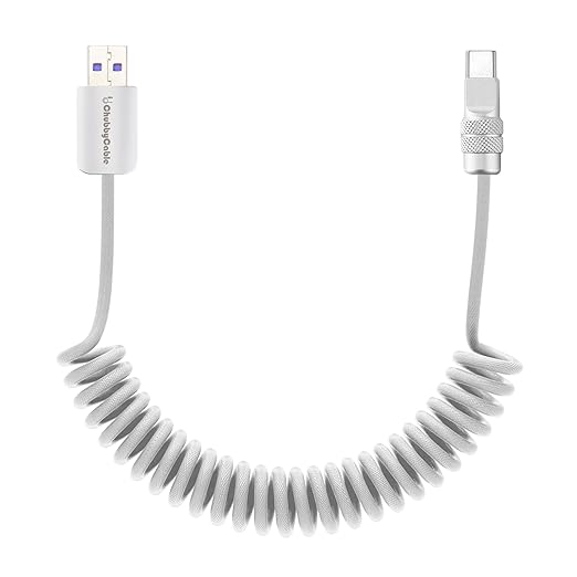 chubbycable Curly Chubby 120W Coiled USB C Fast Charging Cable Durable Braided Charger Cord for Car Compatible with iPhone 17-15 Series iPad, White, USB-A to Type-C, 2.13FT-6.56FT