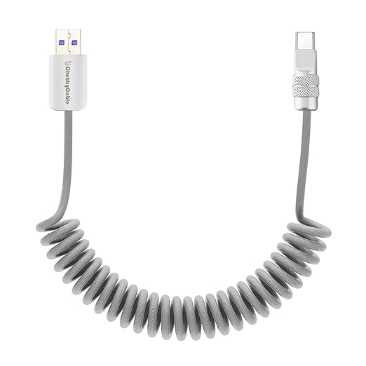 chubbycable Curly Chubby 120W Coiled USB C Fast Charging Cable Durable Braided Charger Cord for Car Compatible with iPhone 17-15 Series iPad, Gray, USB-A to Type-C, 2.13FT-6.56FT