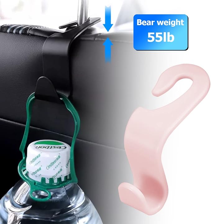 8sanlione Car Back Seat Headrest Hooks, 4PCS Vehicle Backseat Storage Organizer Hanger, Auto Headrest Hidden Hook Universal for Handbag Purse Backpacks Bags and Groceries (Light Pink)