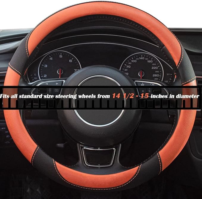 Xizopucy Steering Wheel Covers Black Universal Microfiber Leather, Suitable for 14 1/2-15 inch Car Steering Wheel Cover, Breathable, Anti Slip- Orange