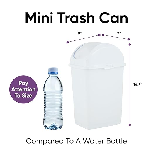Superio Small 2.5 Gallon Plastic Trash Can with Swing Top Lid, Compact Slim Waste Bin for Under Desk, Office, Bedroom, Bathroom, Dorm Room, 10 Qt. Portable Garbage Can (White)