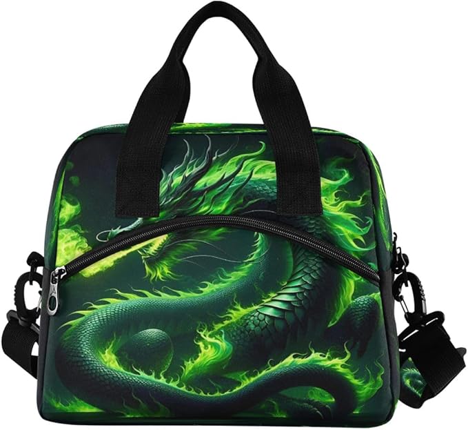 Lunch Bag for Kids Green Fire Dragon Cooler Lunch Box Large Capacity Lunch Organizer for Boys Girls