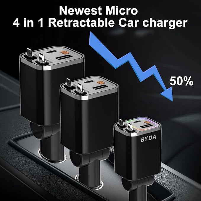 4 in 1 Retractable Car Charger with Starry Light,69W USB-C Fast Car Charger, for iPhone 17/16/15/14/13/12/11, Android,Pixel,Cigarette Lighter Charger (for Apple+Type C &RGB [Black])