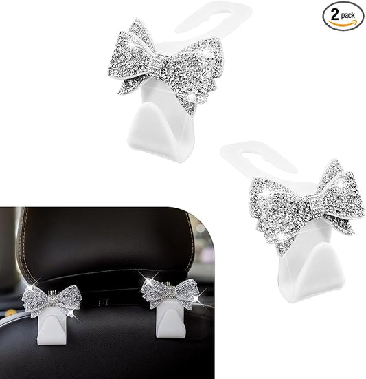 2 PCS Bling Bow Car Seat Headrest Hooks, S Type Crystal Seat Back Hangers, Universal Vehicle Storage Organizer for Handbag, Purse, Coat, Grocery Bags (White)