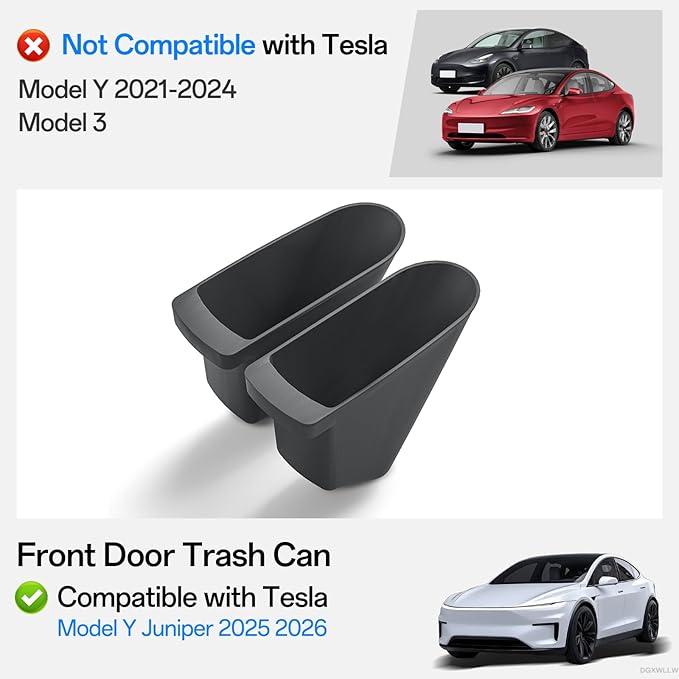 2 PCS Car Front Door Trash Can for Tesla New Model Y Juniper 2025 2026 Side Door Portable Small Garbage Storage Bin Waterproof ABS Front Seat Garbage Can Bin for Refresh Model Y Accessories