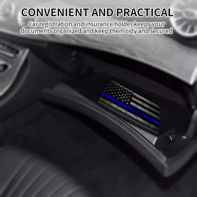Car Registration and Insurance Card Holder, Premium Leather Vehicle Wallet Cover for Glove Box Car Organizer Drivers License / Cards / ID - Essentials Document Holder, Thin Blue Line American Flag