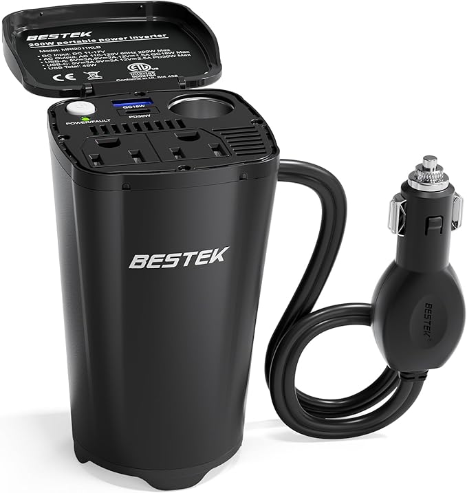 BESTEK 200W Power Inverter, 12V DC to 110V AC Car Plug Adapter Outlet Converter with [30W USB-C]/USB-Fast Charger(18W) / Dual AC Outlets/car Charger for Laptop