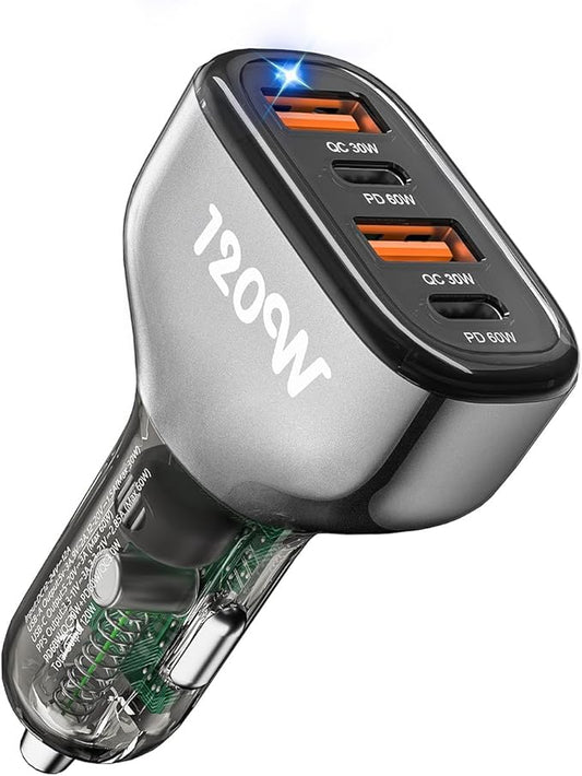 SONRU 4-Port USB C Car Charger, 120W 2*【PD60W+QC30W】 Cigarette Lighter USB Car Charger Adapter, Fast Car Phone Charger for iPhone 17/17 Pro Max/16/15/14 Series, Galaxy S24/23,iPad, Galaxy, Tablet